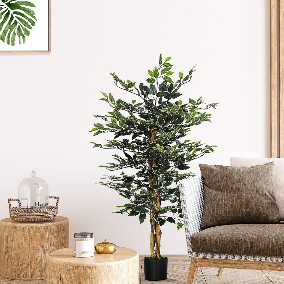 image 1 of HOMCOM 4.5ft Ficus Artificial Plant with Realistic Leaves, Potted Fake Tree for Home Office Indoor Decor, Green | Green