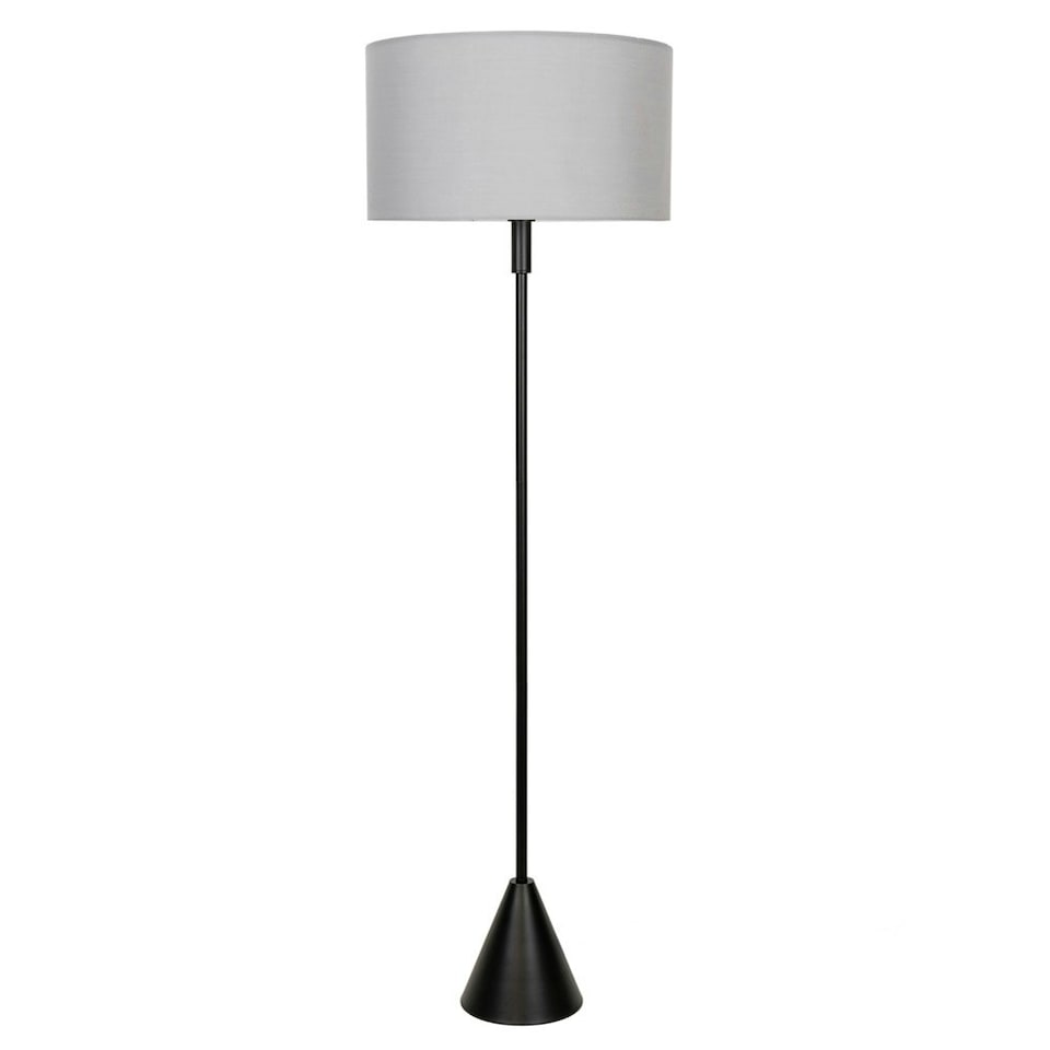 image 1 of ValueLights Mitch Grey Fabric Drum Lamp Shade Black Wood Single Stem Triangle Floor Lamp Black