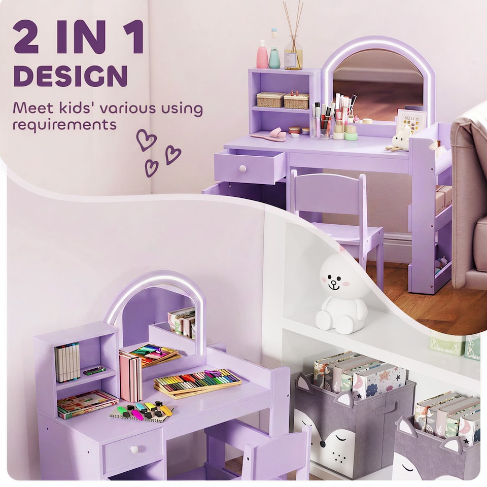 image 1 of AIYAPLAY Girls Dressing Table with 2-Colour LED Mirror and Stool, Purple
