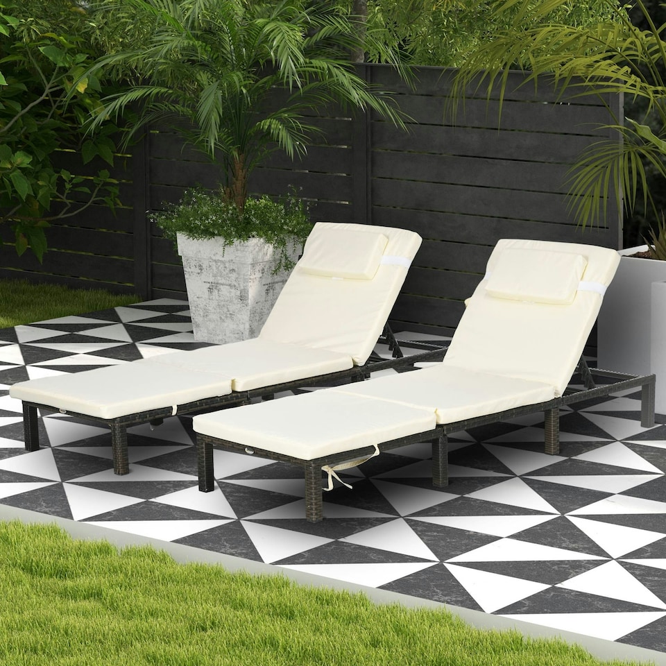 image 1 of Outsunny 2 Pieces Rattan Sun Loungers w/ Padded Cushion for Poolside Cream White