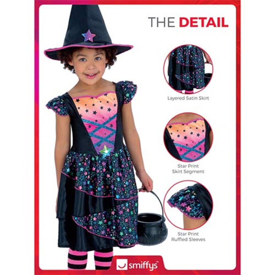 image 1 of Neon Star Witch Girls Fancy Dress Costume Kids Medium - Age 7-9