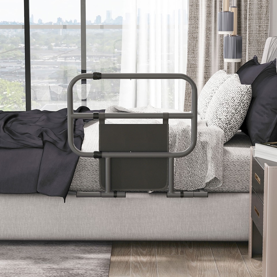 image 1 of HOMCOM Large Safety Bed Rail for Elderly Adults, Heavy Duty Folding Bed Assist Rail with Storage Pocket for Disabled, Pregnant, Black | Black
