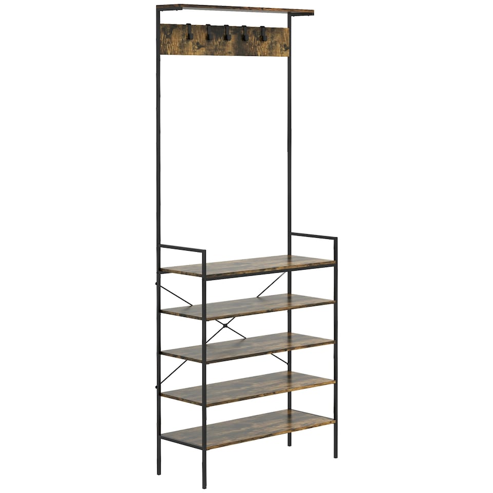 image 1 of HOMCOM Coat Rack, Coat Stand with Shoe Storage, 5 Hooks Brown