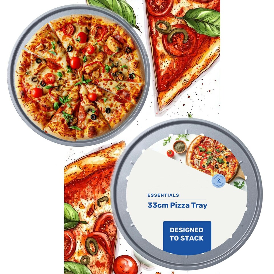 image 1 of 2 x Non-Stick Large 33cm Round Pizza Pan Tray Ideal for Pizzas & Pastries Silver