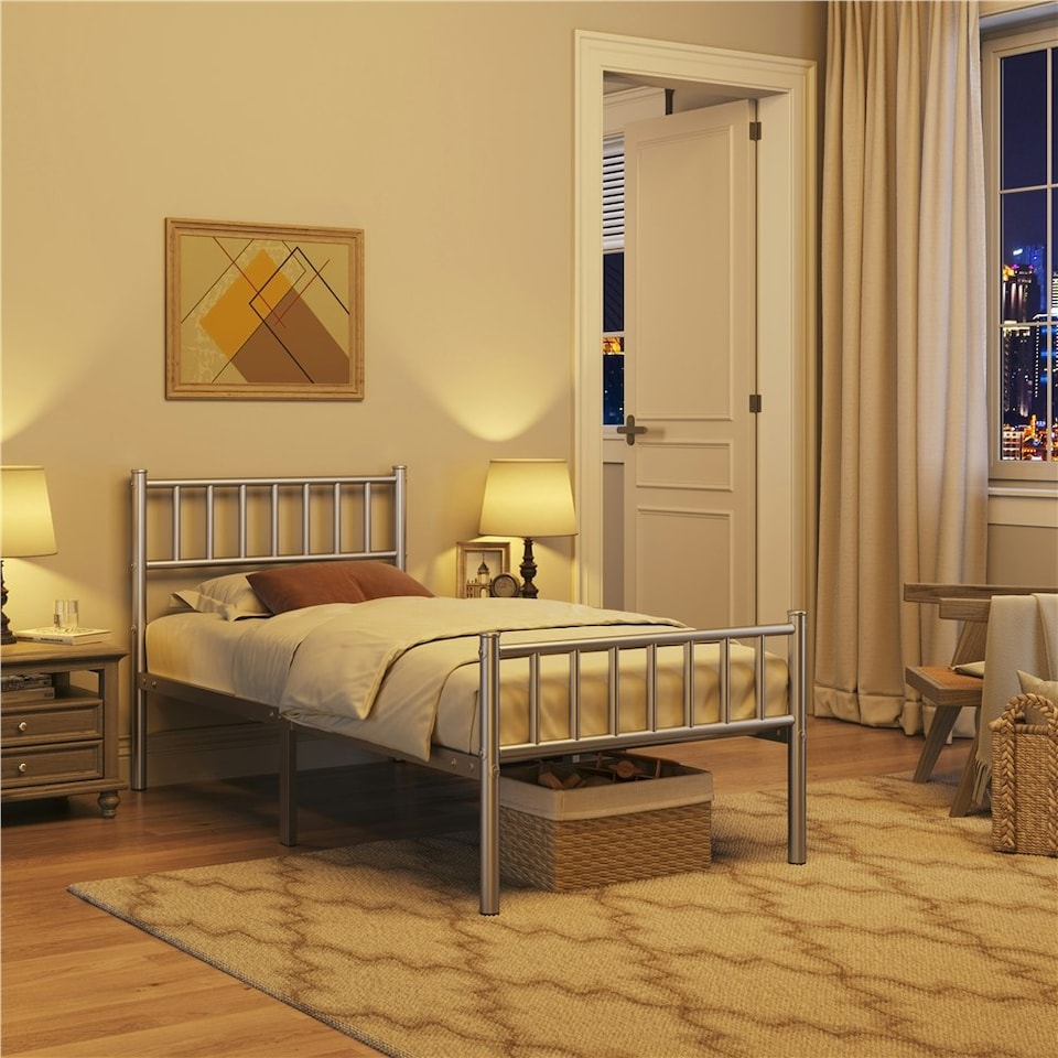 image 1 of Yaheetech 3ft Single Metal Bed Frame with Slatted Headboard Silver