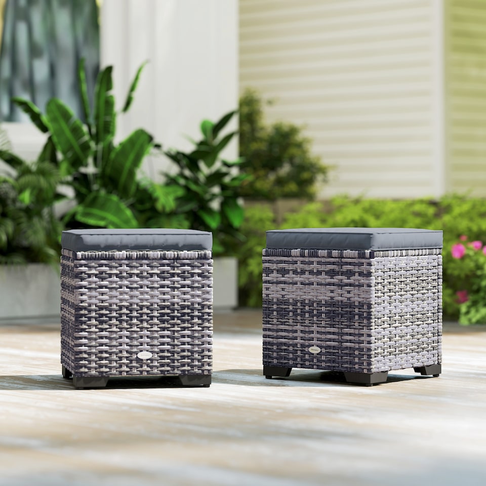 image 1 of Outsunny Set of 2 Rattan Storage Ottoman, Outdoor Footstool with Removable Cushions, Garden Storage Seat for Balcony, Porch, Living Room, Dark Grey | Grey | 40W x 40D x 40H cm | 1