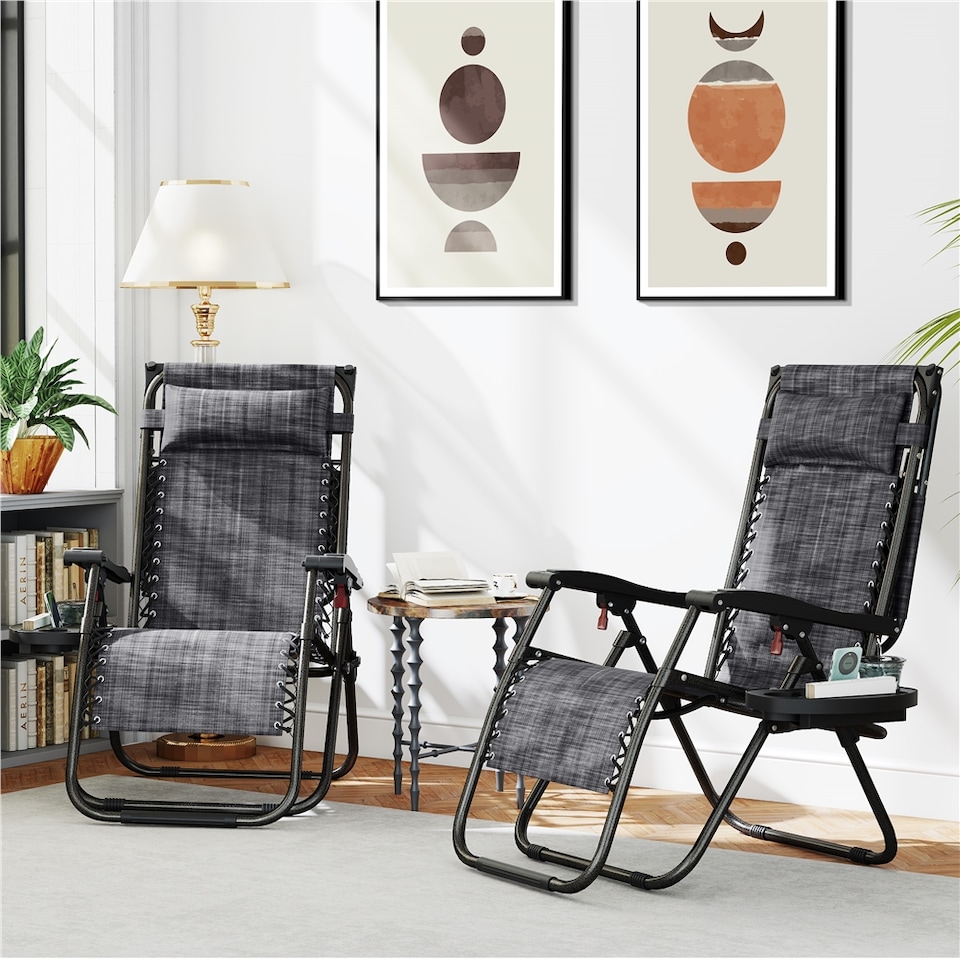 image 1 of Yaheetech 2-Piece Zero Gravity Chairs with Sunshade & Side Tray-Grey | Grey | Grey | One Size