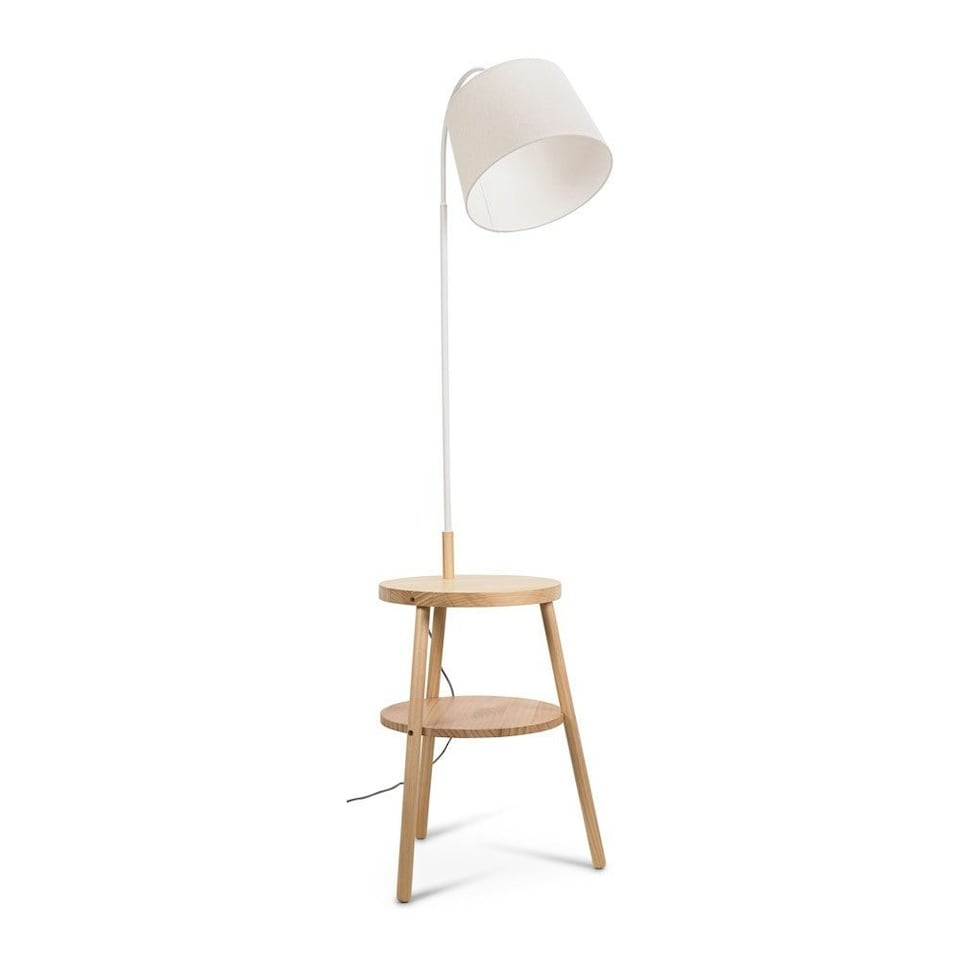 image 1 of ValueLights Crowther Light Wood Side Table Shelved Tripod Floor Lamp with Fabric Shade | Brown