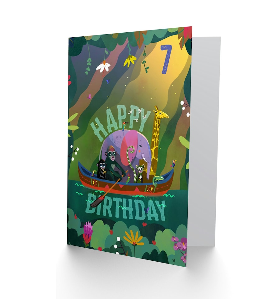 image 1 of Jungle Animals Boat Age 7 Year Old Child Kids 7th Birthday Card