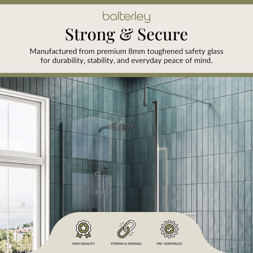 image 1 of Balterley Glass Walk In Wetroom Screen and Hinged Return Screen with Profile and Shower Tray | Silver | Chrome