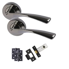 Golden Grace 1 Set Astrid Style Modern Door Handles on Round Rose in Metallic Black Finish with 1 Pair of Ball Bearing Hinges & 64mm Tubular Latch | Black | 1 Set