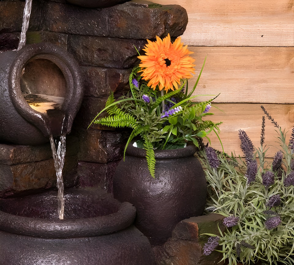 image 1 of York 3-Tier Cascading Jars Garden Outdoor Water Feature Fountain & Planter with Lights H120cm