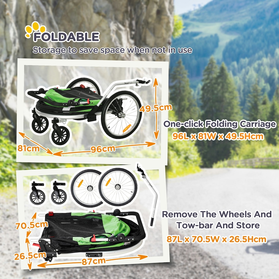 image 1 of PawHut 2-in-1 Dog Bicycle Trailer w/ Safety Leash, Reflectors - Orange