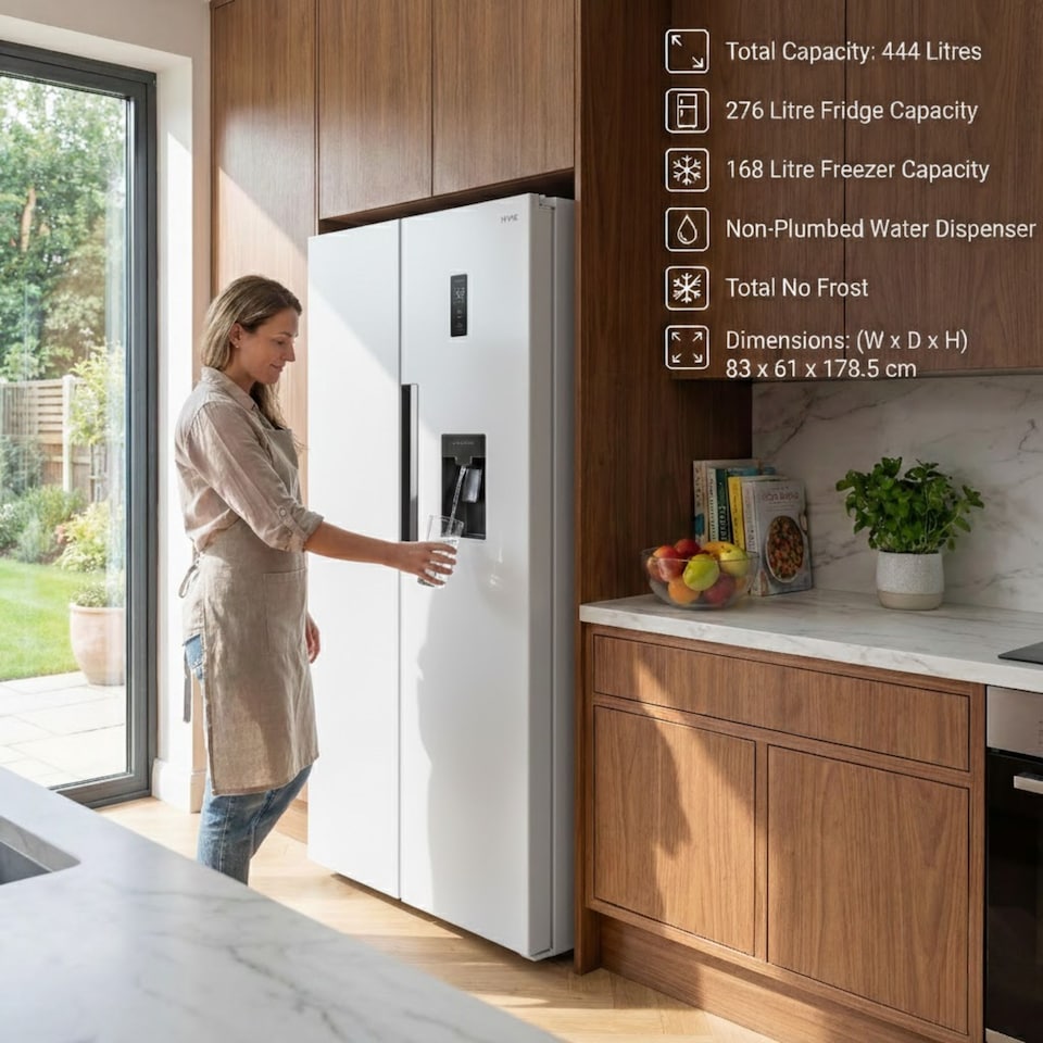 image 1 of HYE 444 Litre Frost Free American Fridge Freezer with Non-Plumbed Water Dispenser, 83cm, White - RF01AMWD460W03