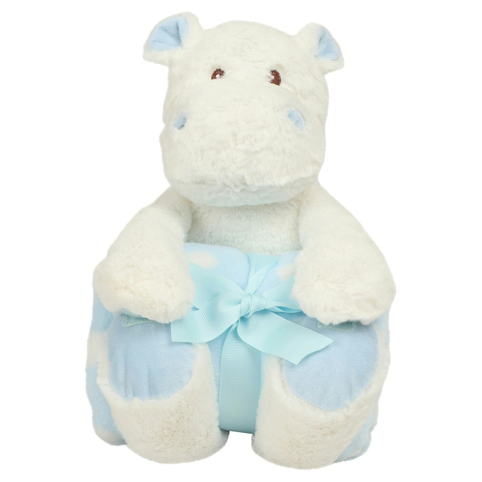 Mumbles Hippo With Printed Fleece Blanket - White/Blue - One Size