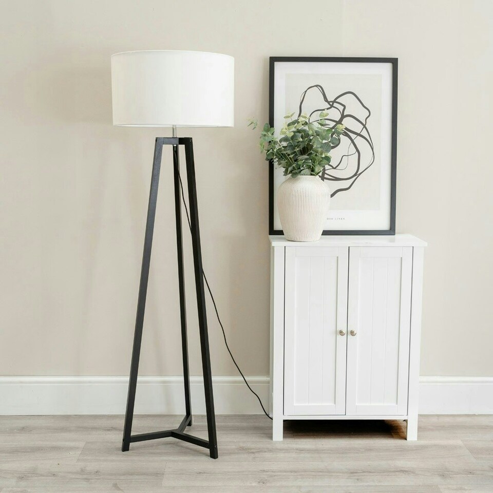 image 1 of ValueLights Lottie Black Wood Tripod Floor Lamp with White Fabric Drum Shade | White