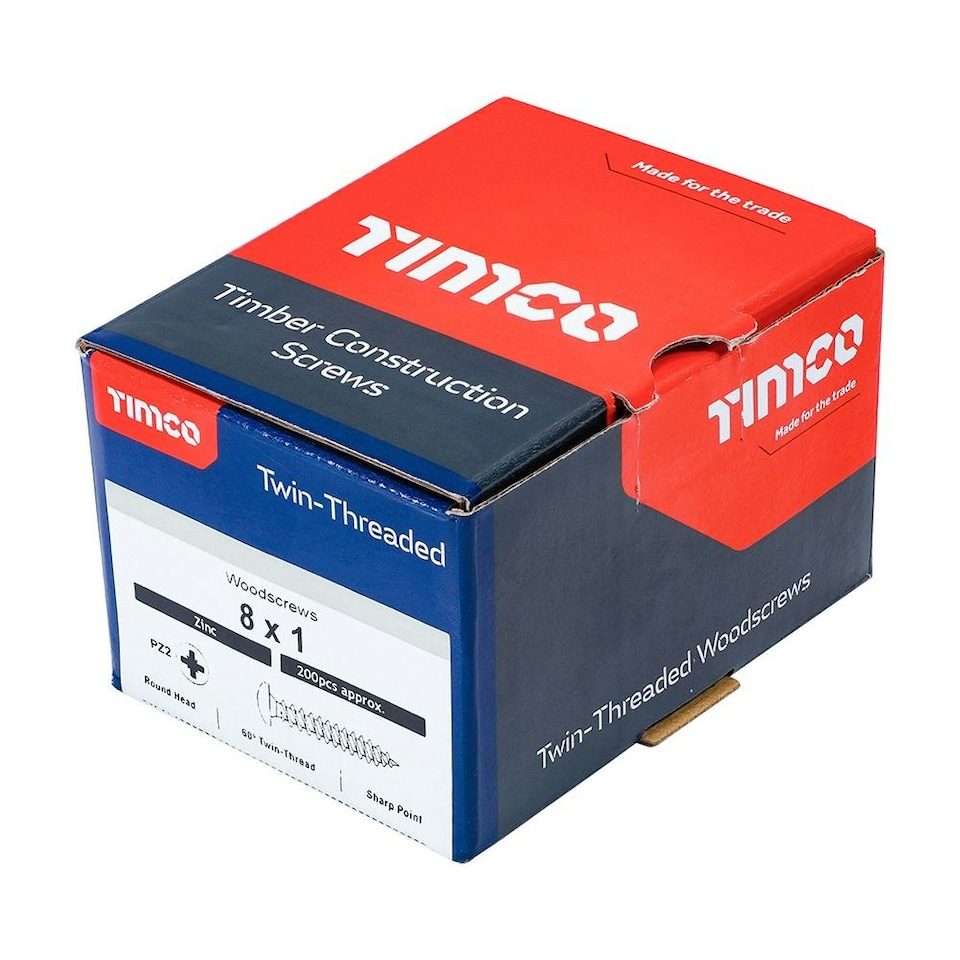 image 1 of Timco - Twin-Threaded Woodscrews - PZ - Round - Zinc (Size 8 x 1 - 200 Pieces)