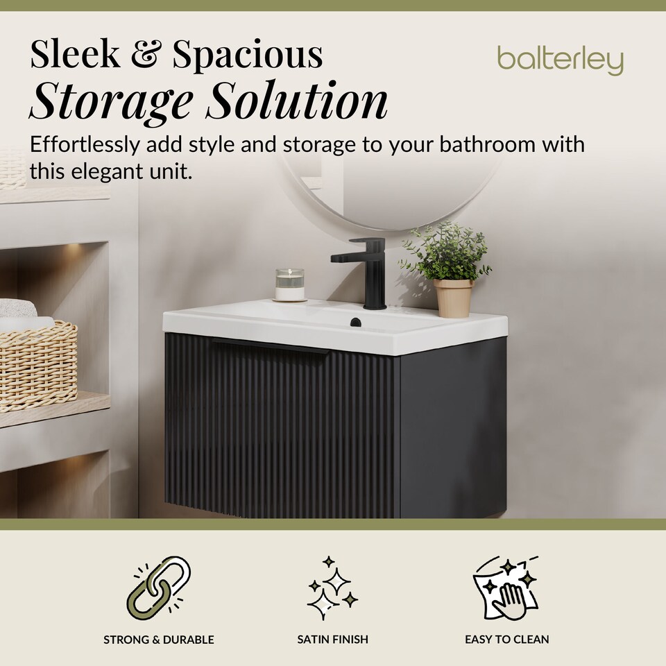 image 1 of Balterley Fluted Front Wall Hung 1-Drawer Bathroom Vanity Unit with 1 Tap Hole Basin, Handles | Grey | Soft Black