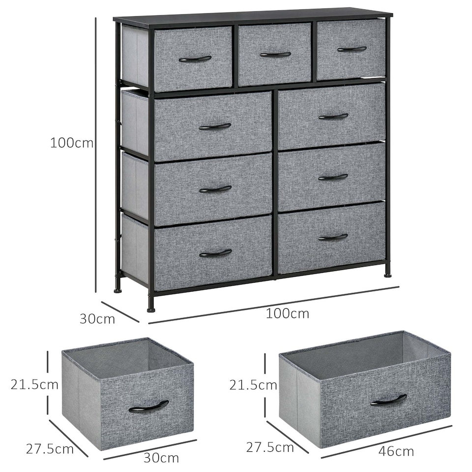 image 1 of HOMCOM 9 Drawers Storage Chest Dresser Organizer Unit w  Steel Frame, Wood Top, Easy Pull Fabric Bins, for Bedroom, Hallway, Entryway, Black & Grey