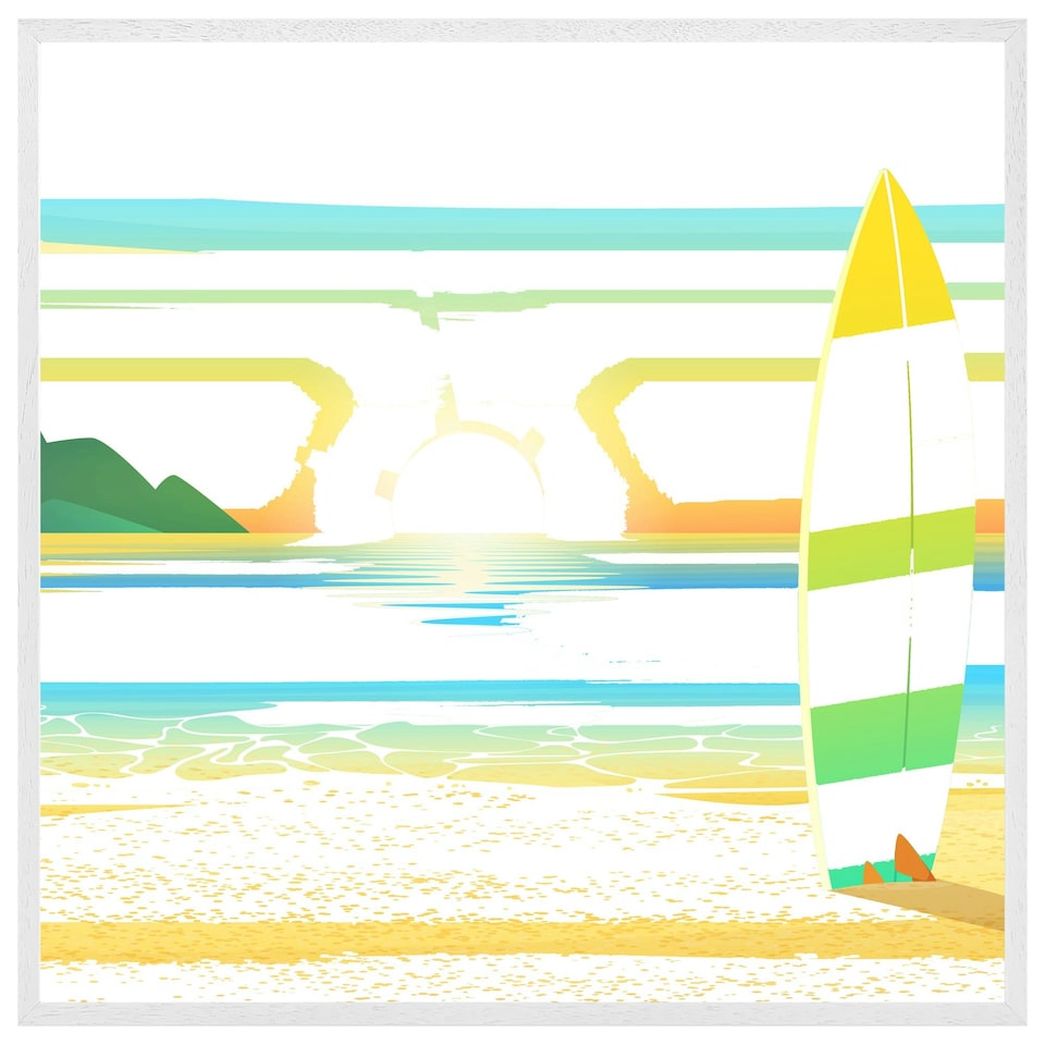 image 1 of Surf board on beach (Picture Frame) White | S