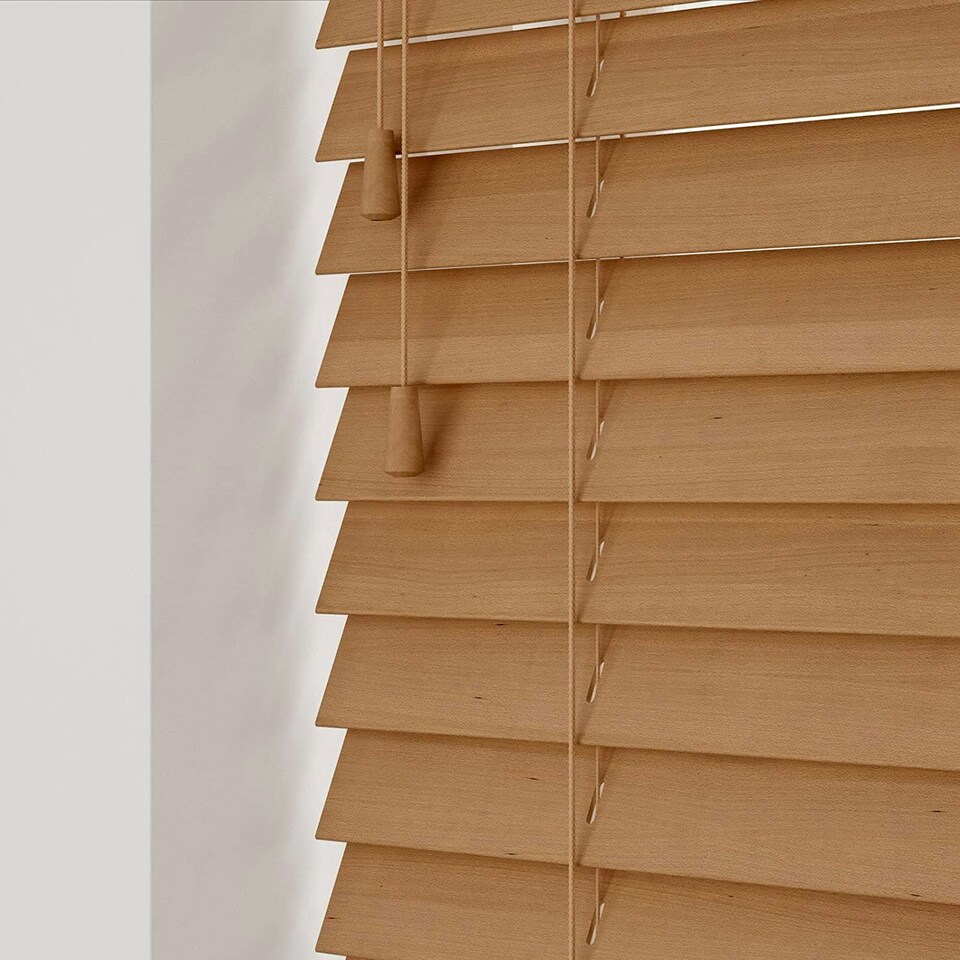 image 1 of 135cm Caramel Oak Wooden Venetian Blinds With Strings (130cm drop) | Brown | Brown