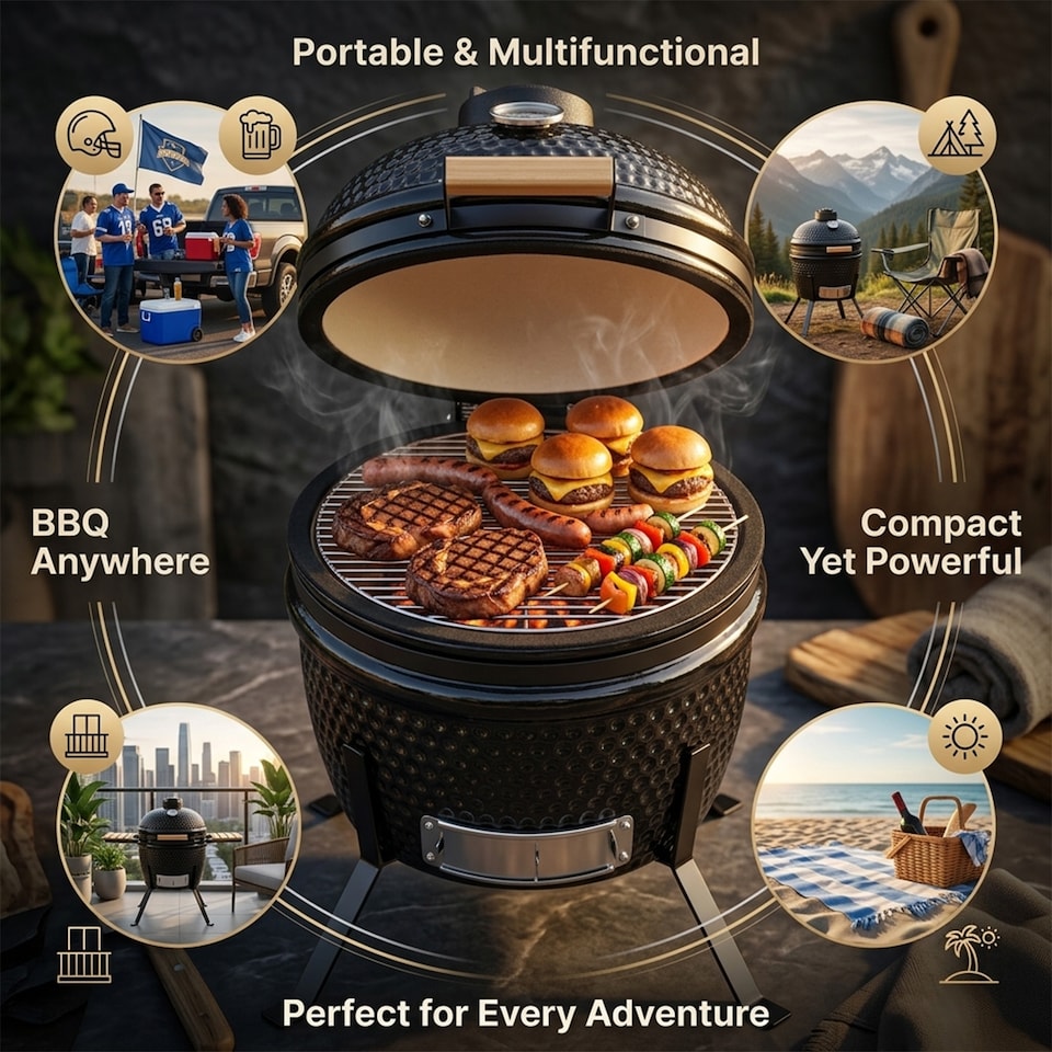 image 1 of Alivio Ceramic Kamado Charcoal BBQ Grill & Smoker with Thermometer, Egg Style Outdoor Barbecue for Grilling, Smoking & Roasting 13"