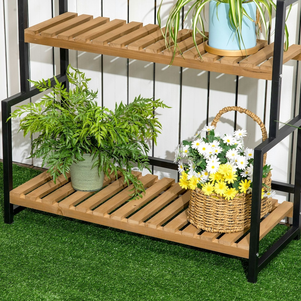 image 1 of Outsunny 3 Tiered Plant Stand Rack with Hanging Hooks for Indoor Outdoor