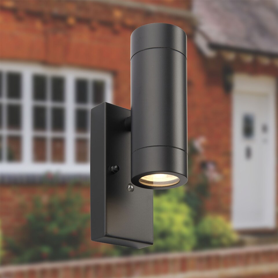 image 1 of Set of 2 Blaze - Black Outdoor Up Down Photocell Sensor Wall Lights | Black | Clear | 2