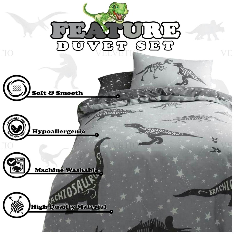 image 1 of VELVETIO Space T-Rex Duvet Cover Set Reversible Soft Polycotton Kids Beddings