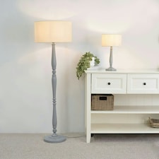 ValueLights Victoria Grey Wood Traditional Stem Table Lamp with Natural Fabric Drum Shade