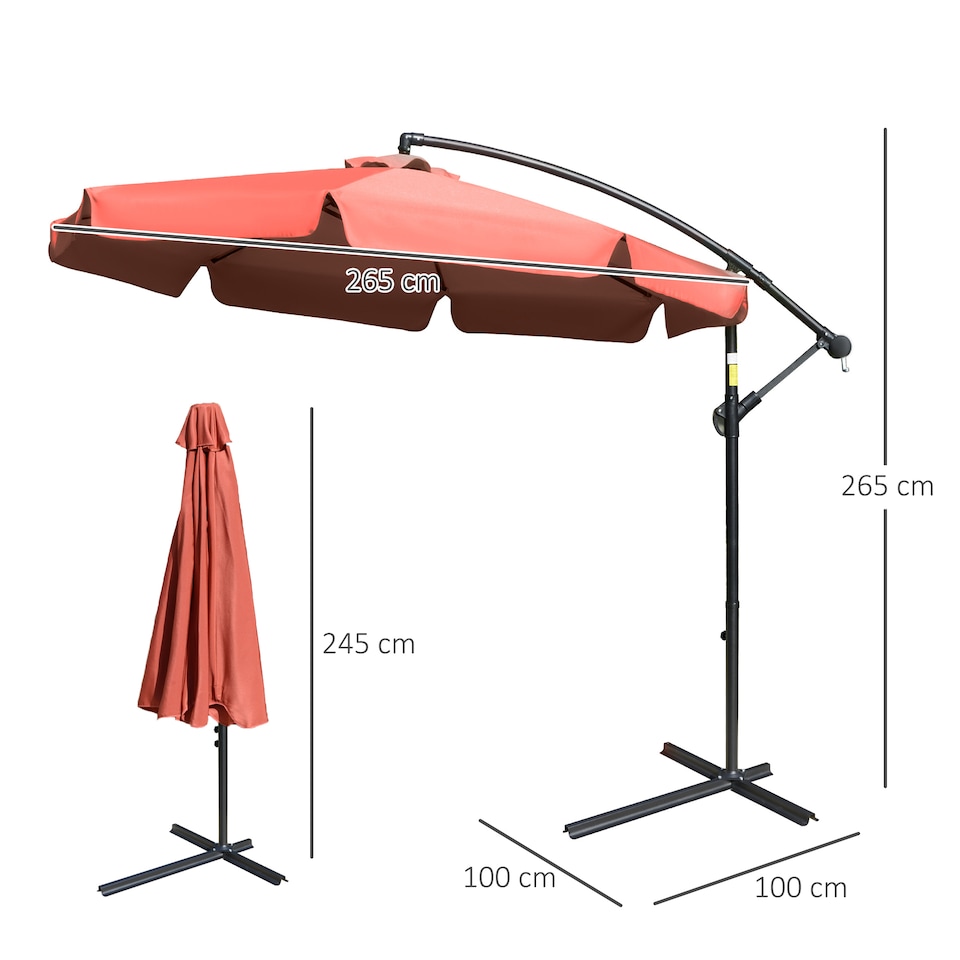 image 1 of Outsunny 2.7m Garden Banana Parasol Cantilever Umbrella with Crank Handle and Cross Base for Outdoor, Hanging Sun Shade, Wine Red