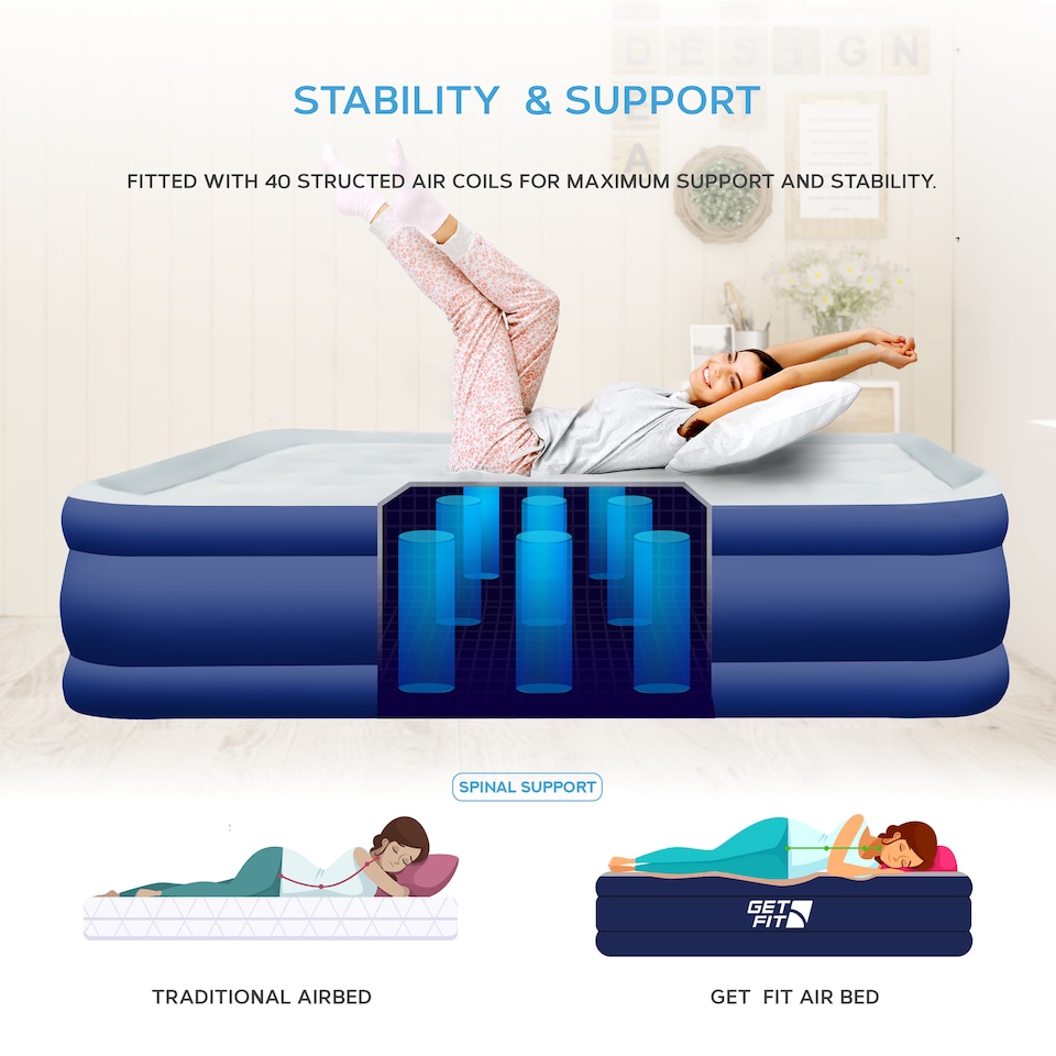 image 1 of Get Fit Air Bed With Built In Electric Pump - Premium King Size - Blow Up Bed With 2 X Free Pillows - Elevated Inflatable Air Mattress | Blue | Navy / White | 1