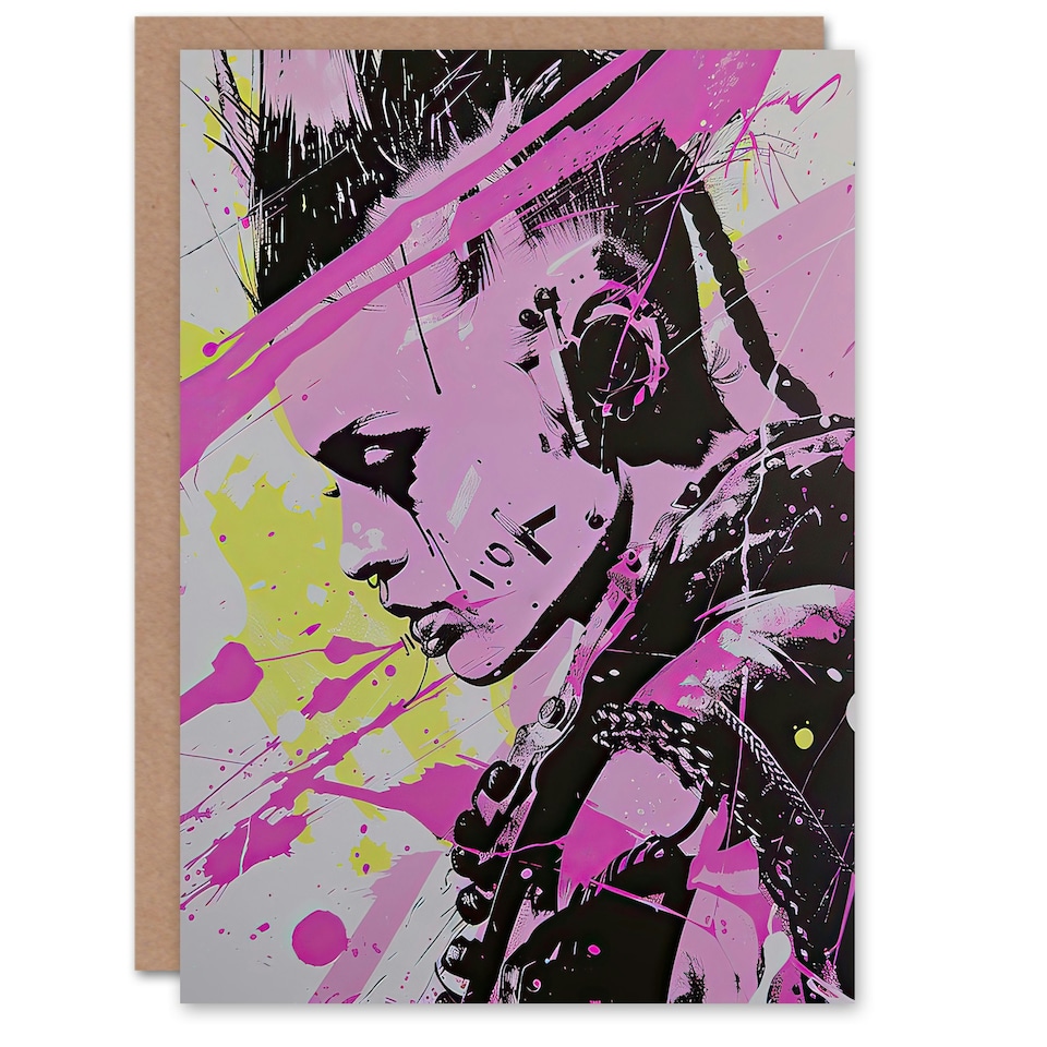 image 1 of Cyberpunk Woman Portrait Hot Pink Punk Skinhead Him Her Birthday Card