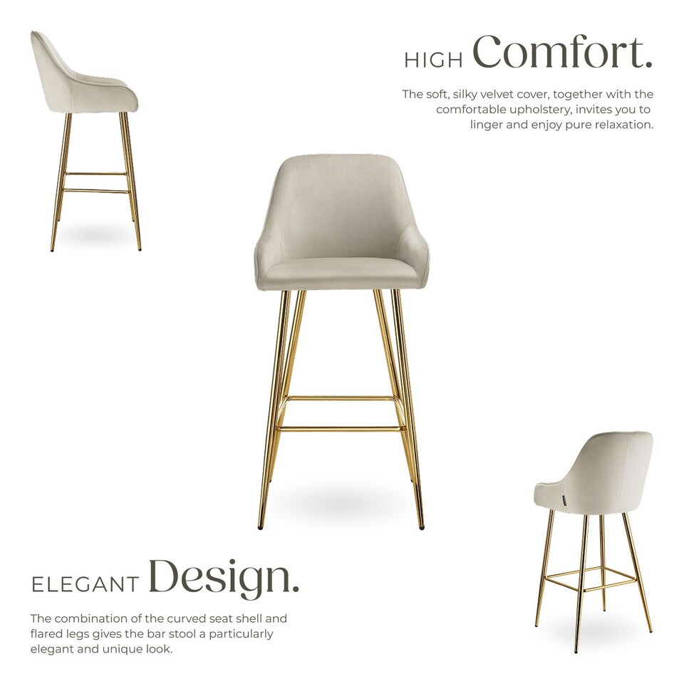 image 1 of Bar Stool Avane - with backrest, upholstered, velvet look | Cream | cream/gold | 57 x 48,50 x 108 cm | 2