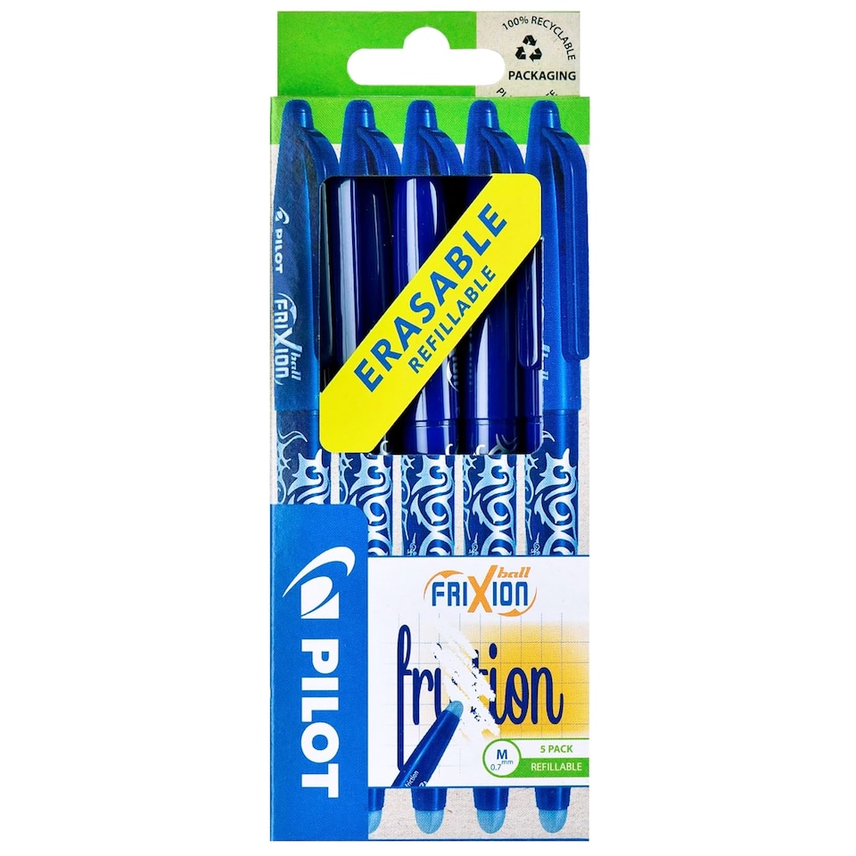 image 1 of Pilot Frixion Ball Rollerball Pen Medium 0.7mm Blue Pack of 5