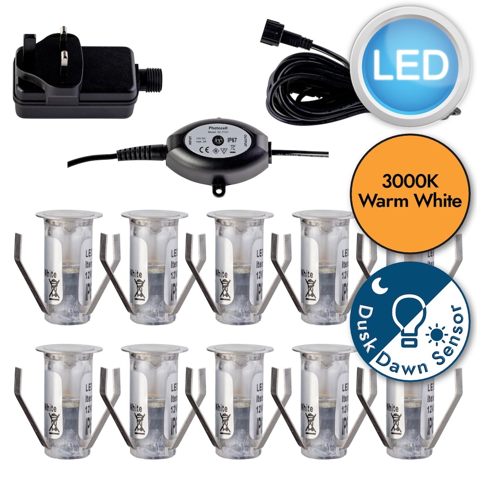 image 1 of Set of 10 - 15mm IP67 Warm White LED Decking Kit with Photocell | Chrome | Clear | 10