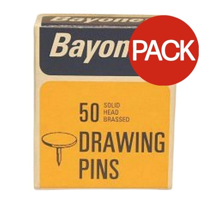 Bayonet Brass Plated Solid Head Drawing Pins (Pack of 50) - Gold - 10mm