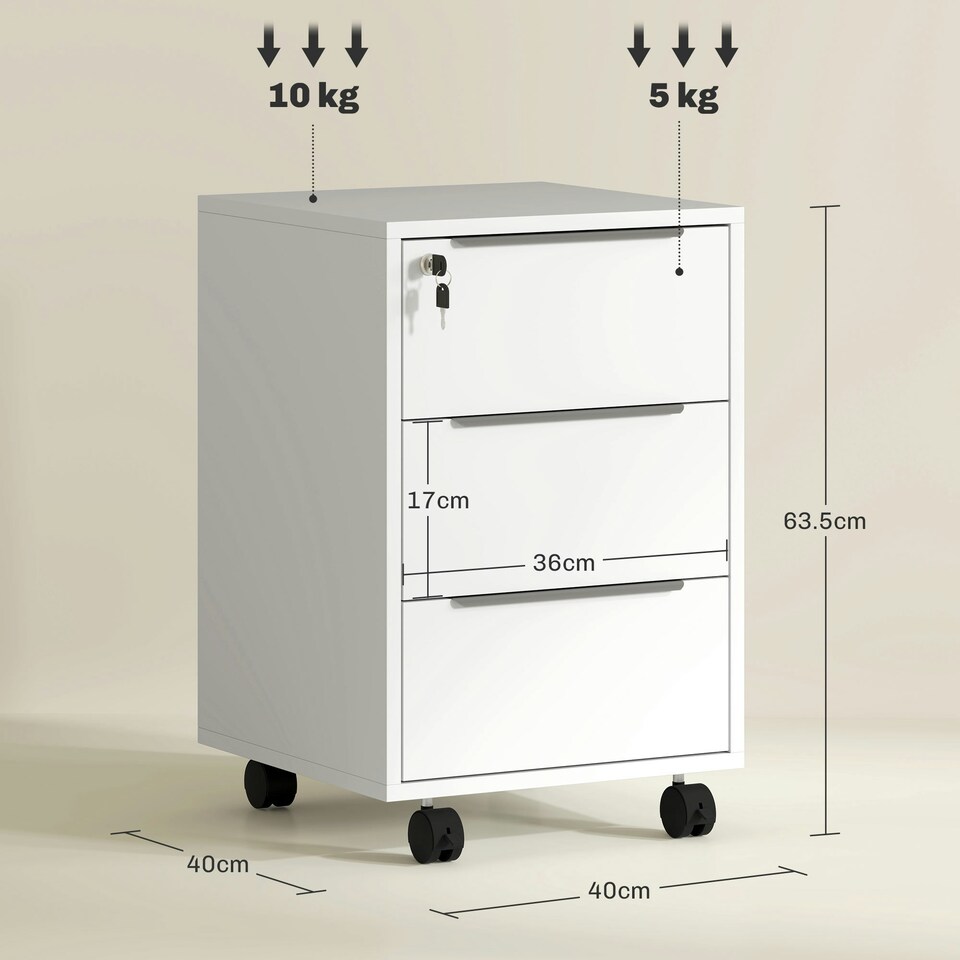 image 1 of HOMCOM Modern 3-Drawer Locking File Cabinet Mobile Filing Cabinet Grey White White