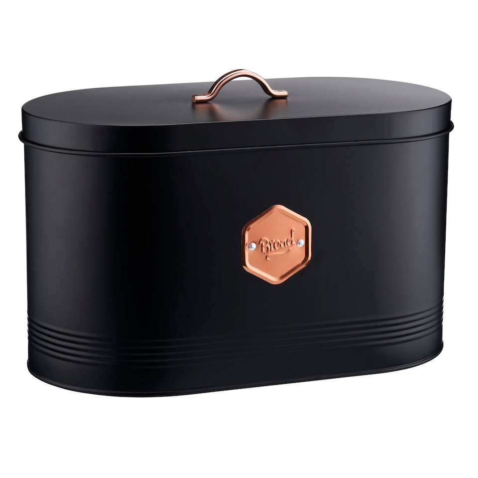 image 1 of Cooks Professional Bread Bin - Metal Food Storage Cannister with Nameplate | Black | Black & Copper