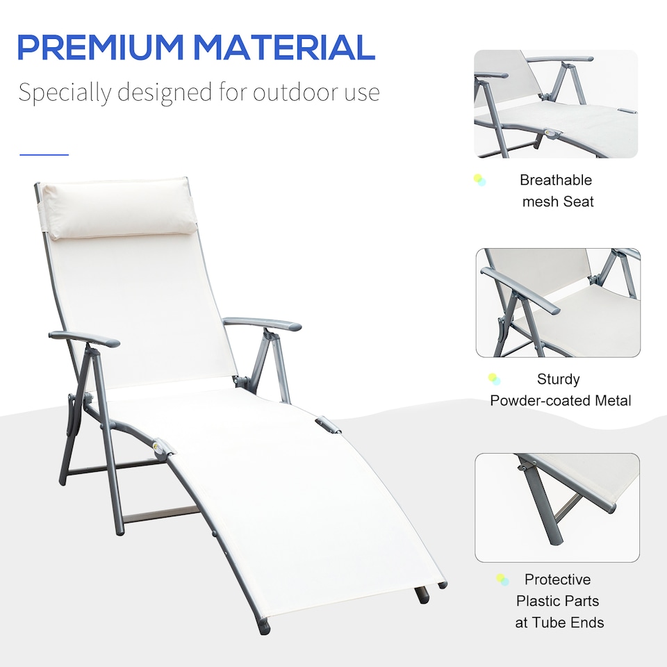 image 1 of Outsunny Sun Lounger Steel Frame Outdoor Folding Chaise Texteline Lounge Chair Recliner with Headrest & 7 Levels Adjustable Backrest, Cream White