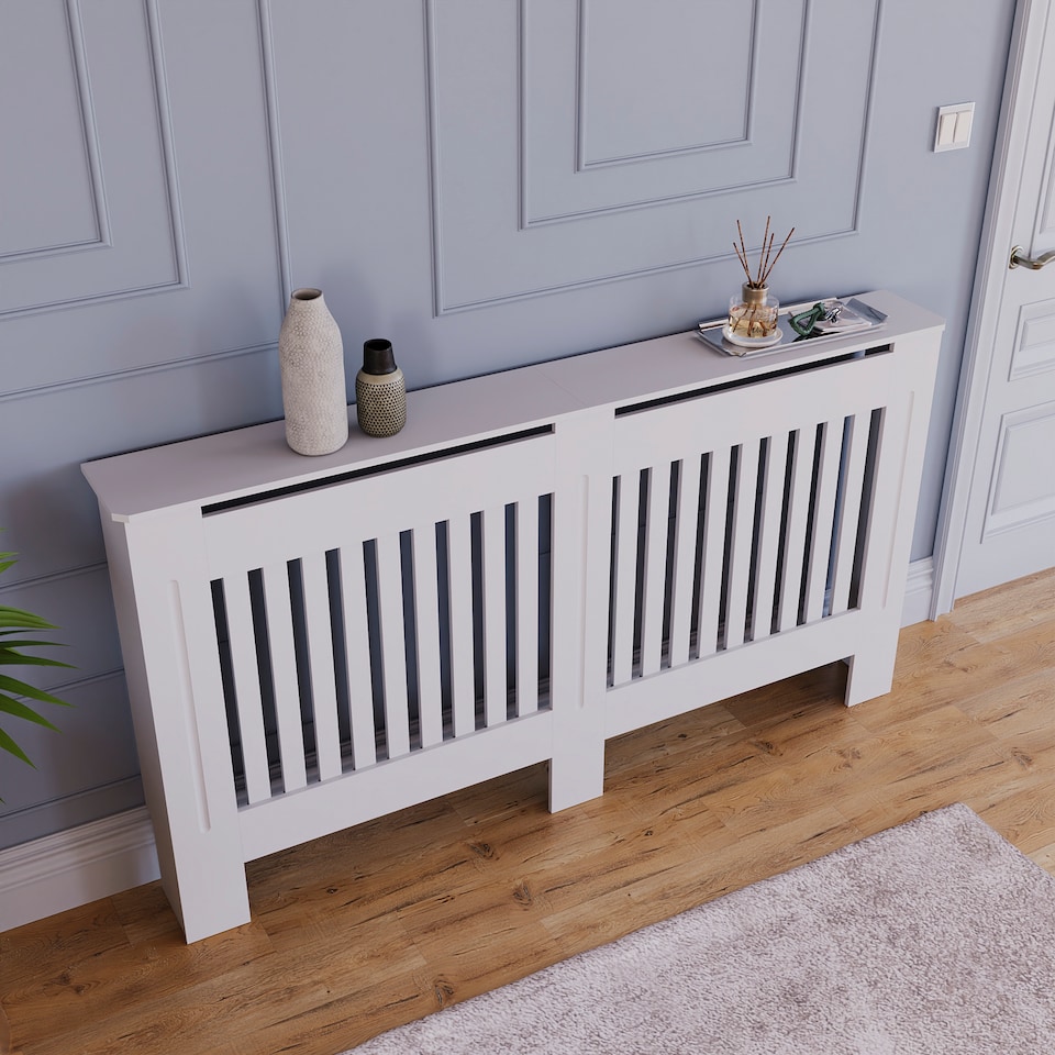 image 1 of Vida Designs Chelsea Radiator Cover Painted MDF Slatted Cabinet, White, 152cm