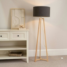 ValueLights Lottie Natural Wood Tripod Floor Lamp with Charcoal Boucle Drum Shade and LED Bulb