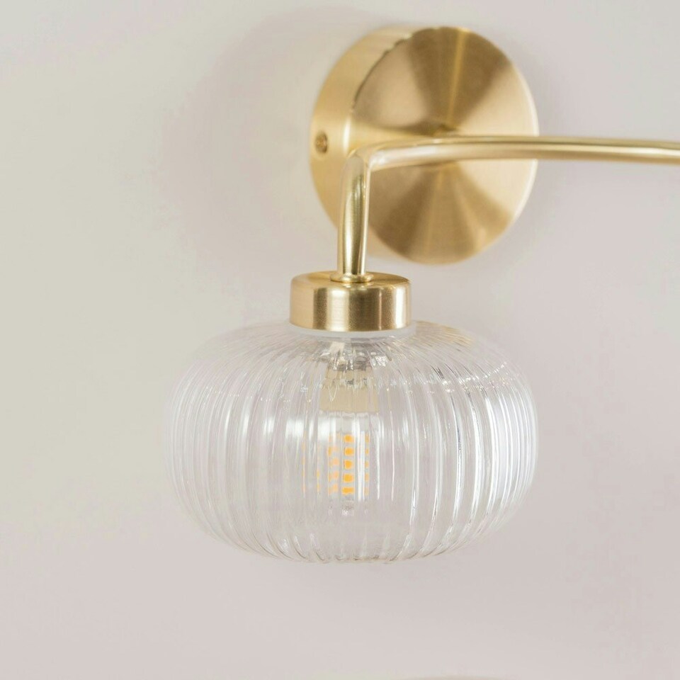 image 1 of ValueLights Amaia Pair of Brushed Gold IP44 Rated 2 Way Clear Ribbed Glass Wall Lights