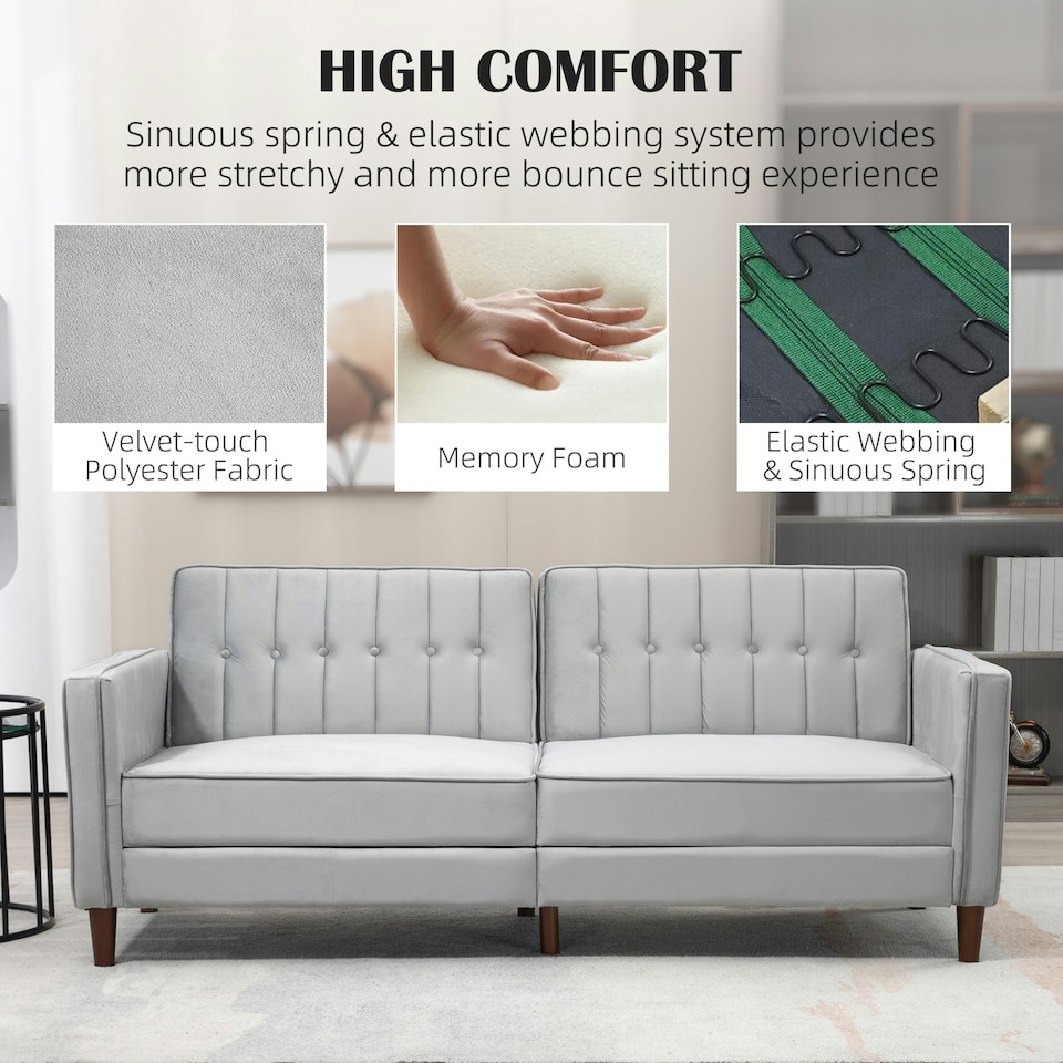 image 1 of HOMCOM Convertible Sofa Futon Velvet-Touch Tufted Couch Sofa Bed Grey