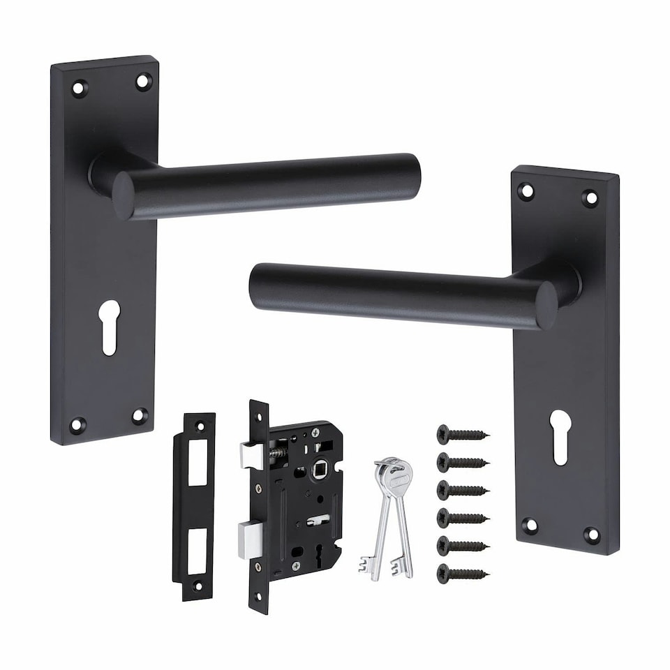 image 1 of Golden Grace Key Lock Set T-Bar Lever Backplate Door Handle Matt Black Finish - 150mm x 40mm | Black | 1 Set