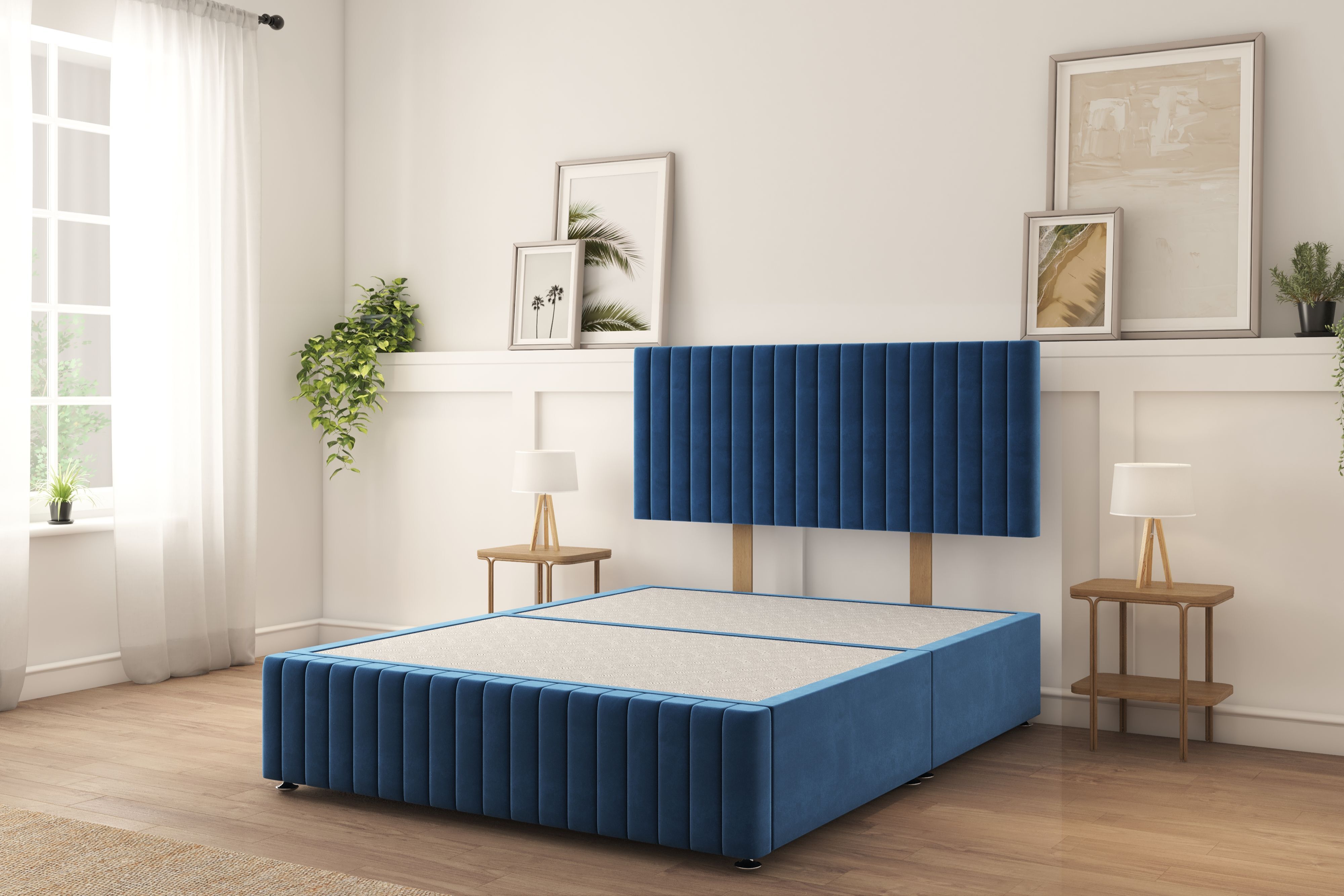 Sloomy Madison Navy Plush Divan Bed Base No Drawers With 26" Strutted Headboard & 12" Footboard 5' King