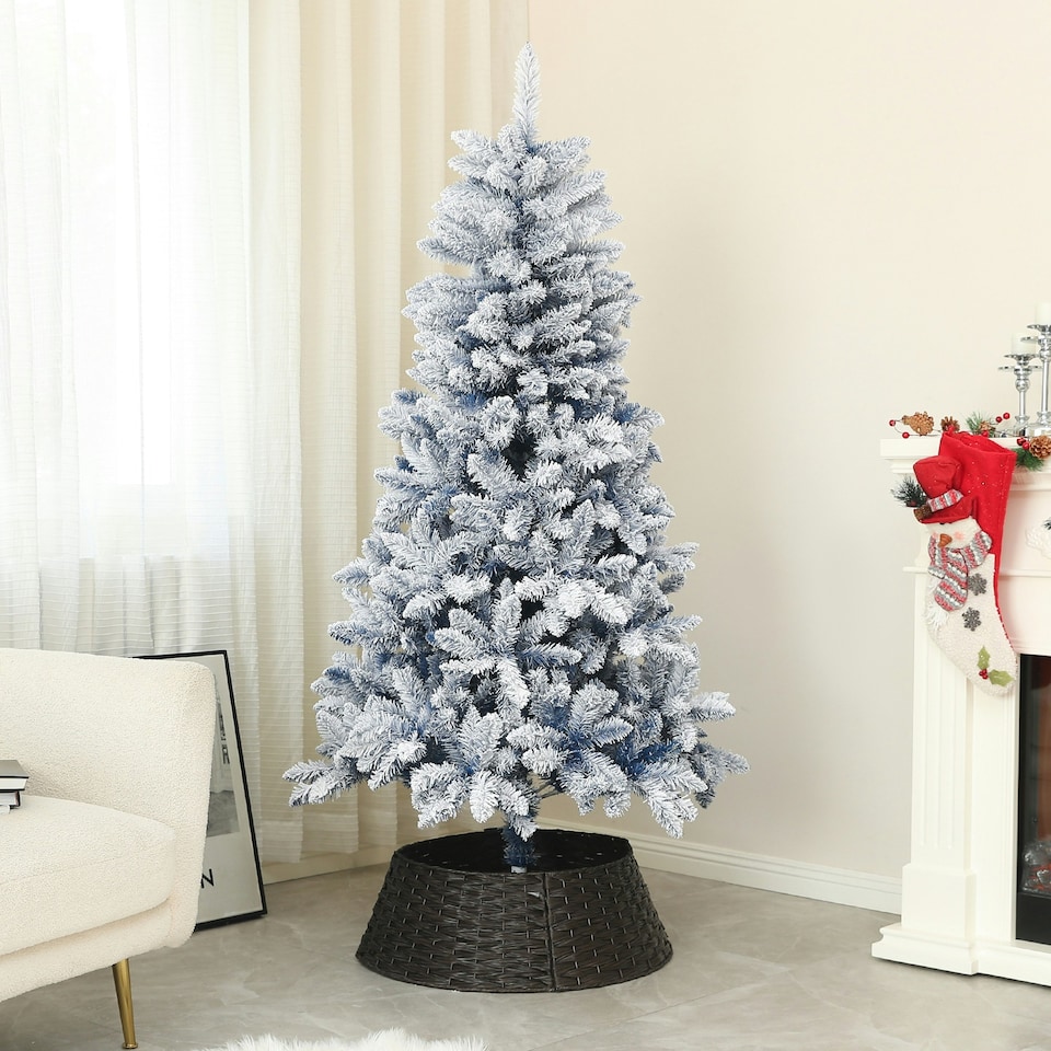 image 1 of HOMCOM 5 Foot Artificial Blue Snow Flocked Christmas Tree with Hinged Branches