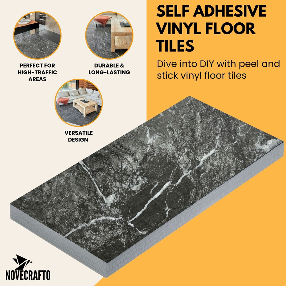 image 1 of NOVECRAFTO Black Self Adhesive Vinyl Floor Tiles - 12”x24” (30.48x60.96cm) - Large Peel & Stick Waterproof Marble Effect Flooring - Pack of Tiles Black | 1.85 sqm