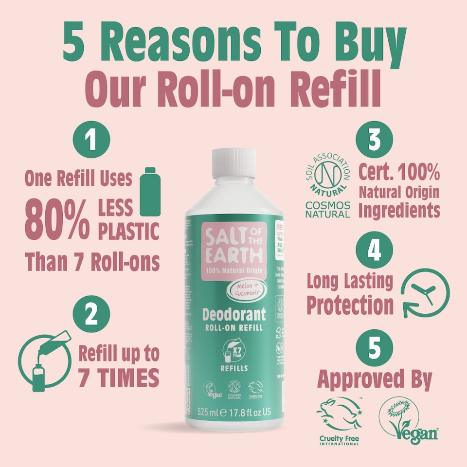 image 1 of Salt of the Earth Natural Deodorant Roll on Refill x7 Uses Melon & Cucumber Natural Origin Ingredients Vegan 525ml