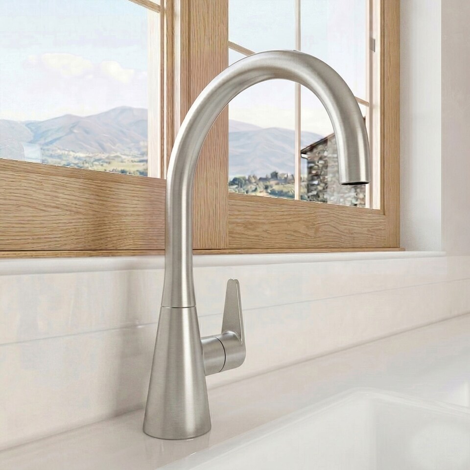 image 1 of Balterley Situla Kitchen Mono Mixer Tap with Single Lever Handle, Curved Swivel Spout | Silver | Brushed Nickel | 1